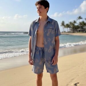 HUE Blue Pineapple Print Kids Shirt & Shorts Set